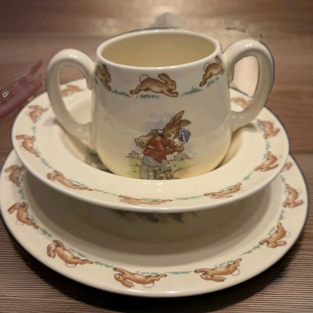 Vintage Royal Doulton "Bunnykins" 3 Piece Childrens Set 2 Handle Cup Bowl Plate